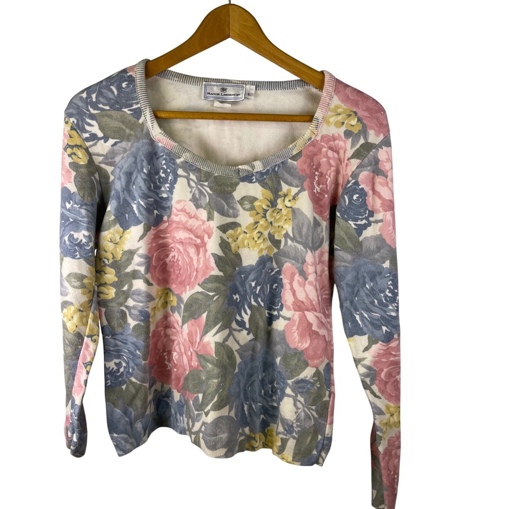 Y2K Maggie Lawrence Floral‎ Print Knit Top Long Sleeve Womens Size L